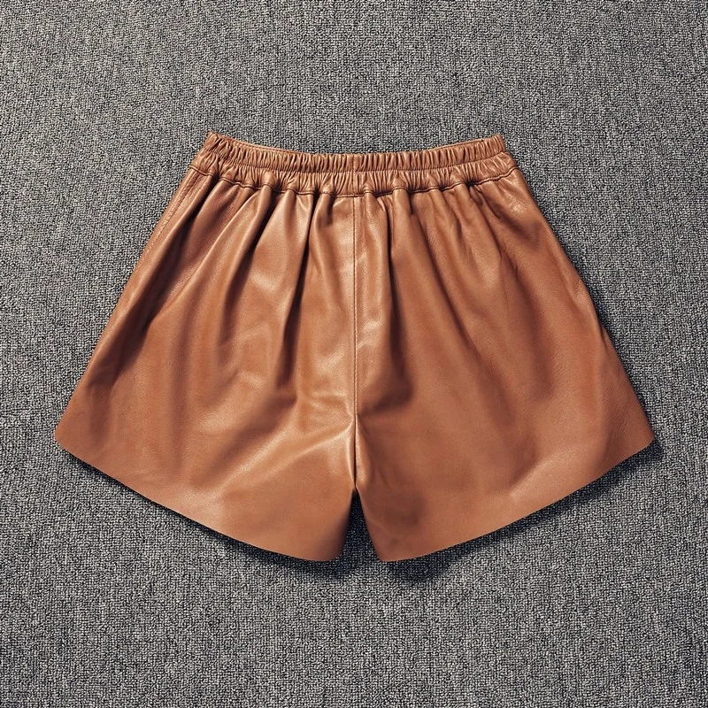 New Fashion Women Elastic Waist Wide Leg Ladies Autumn High Quality Sheepskin Genuine Leather Shorts Casual Streetwear