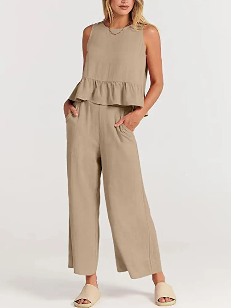2023 Summer Cotton Linen Pajamas two piece Set Women Sleepwear Sleeveless Lounge Wear Sets Home Suit Female Loose Pj Set XXXL