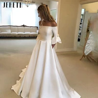 jeheth elegant strapless satin empire wedding dress 2022 cute bow four petals flare sleeve button back court train bridal gown