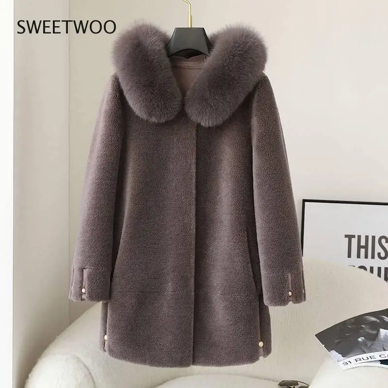 Women Autumn Winter Real Lamb Fur Coat Female Warm Fox Fur Collar Hooded Natural Sheep Shearing Wool Jacket Ladies Outwear 2022