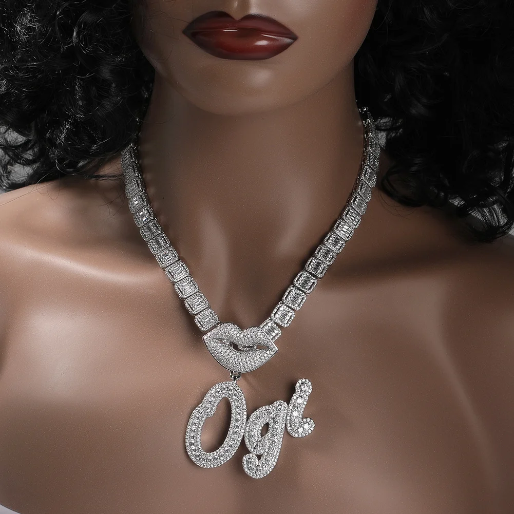 UWIN Custom Lips Clasp Brush Script Letter Pendant Two Tone DIY Name Micro Paved CZ Baguette Chain Necklace Hiphop Jewelry