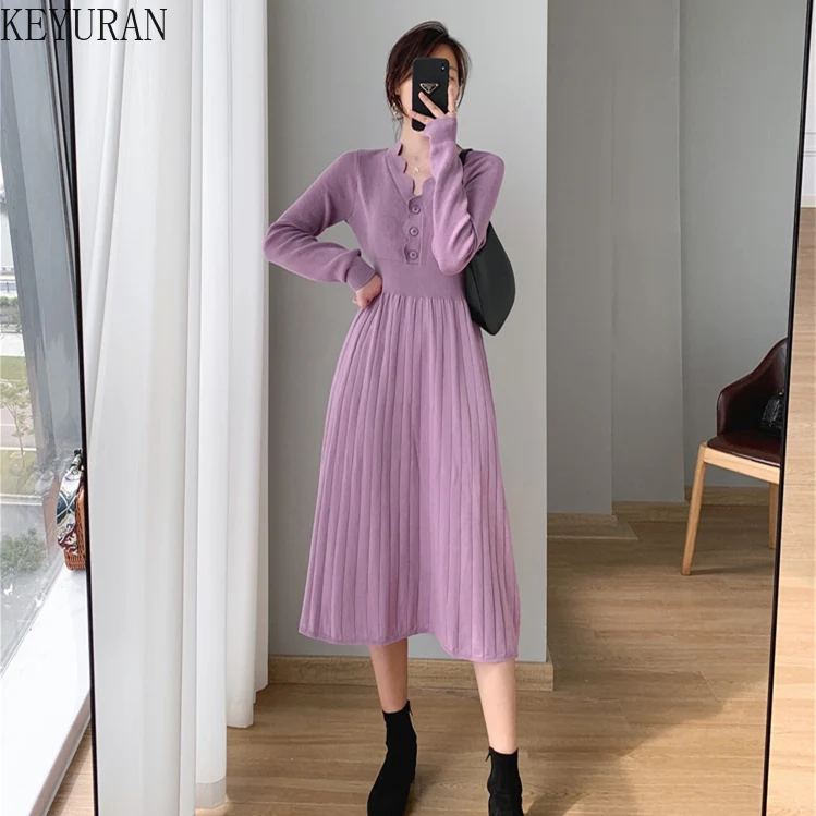 

Apricot Elegant knitted Dresses Woman Spring Autumn 2022 Korean Purple V Neck High Waist A-Line Party Long Dress Vestido Female