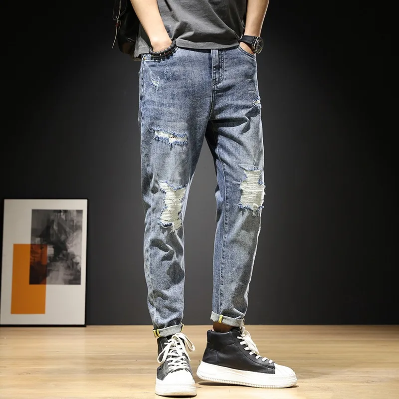 Ripped Jeans Men Summer Lightweight Slim Fit Ankle-Length Pants Streetwear Fashion Blue Patch Denim Trousers