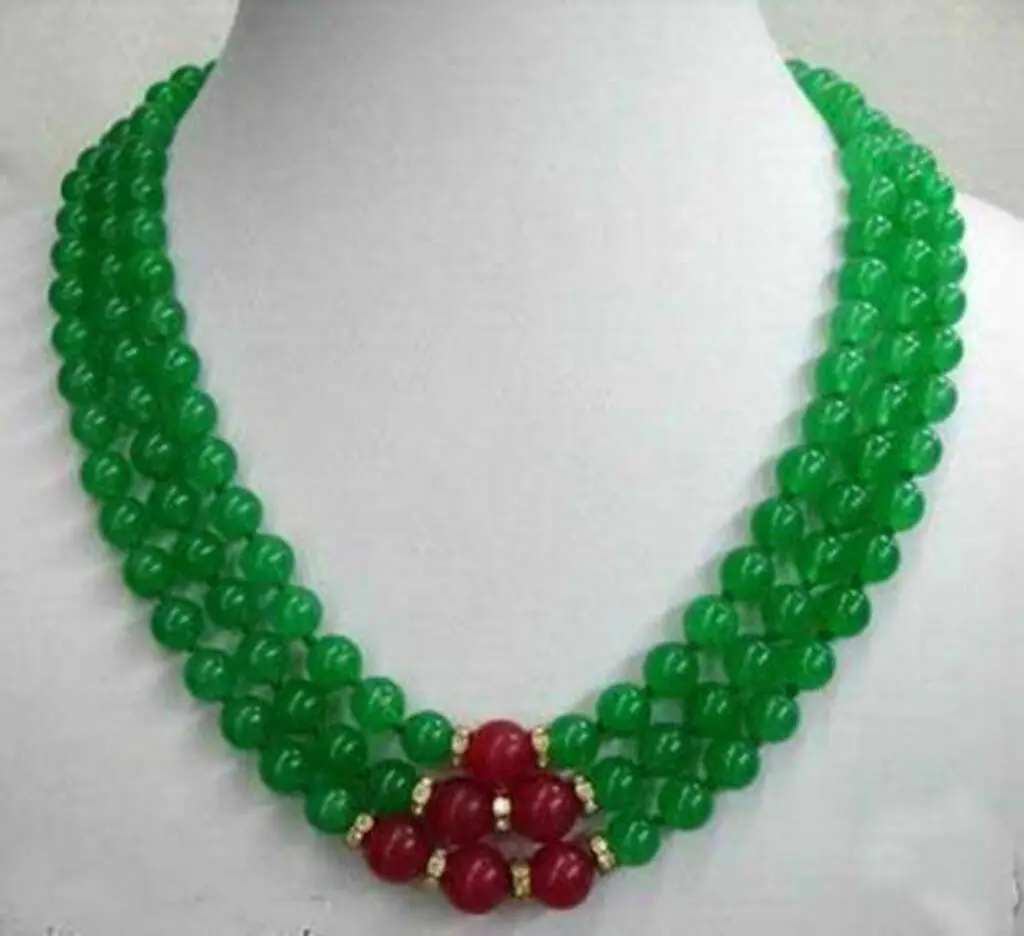 

Ожерелье из натурального зеленого нефрита и красного рубина, 3 ряда, 8 мм