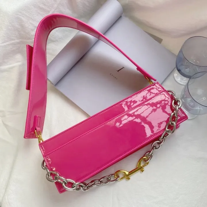 

Lnv Women's Bag Thick Chain Pink Pu Leather Vintage Baguette Shape Bags 2022 New Fashion Underarm Bags Evening Clutch