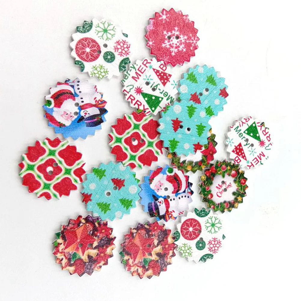 

Buttons Wood Christmas Button White Gear Shape Printed Mixed Color Wooden