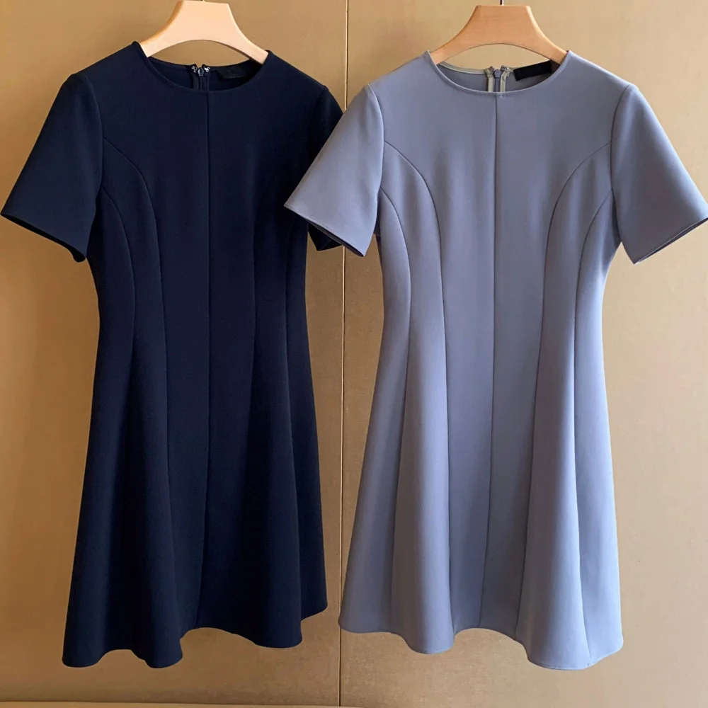 Summer New Round Neck Short Sleeve Waist Solid Color Acetate Simple Dress for Women