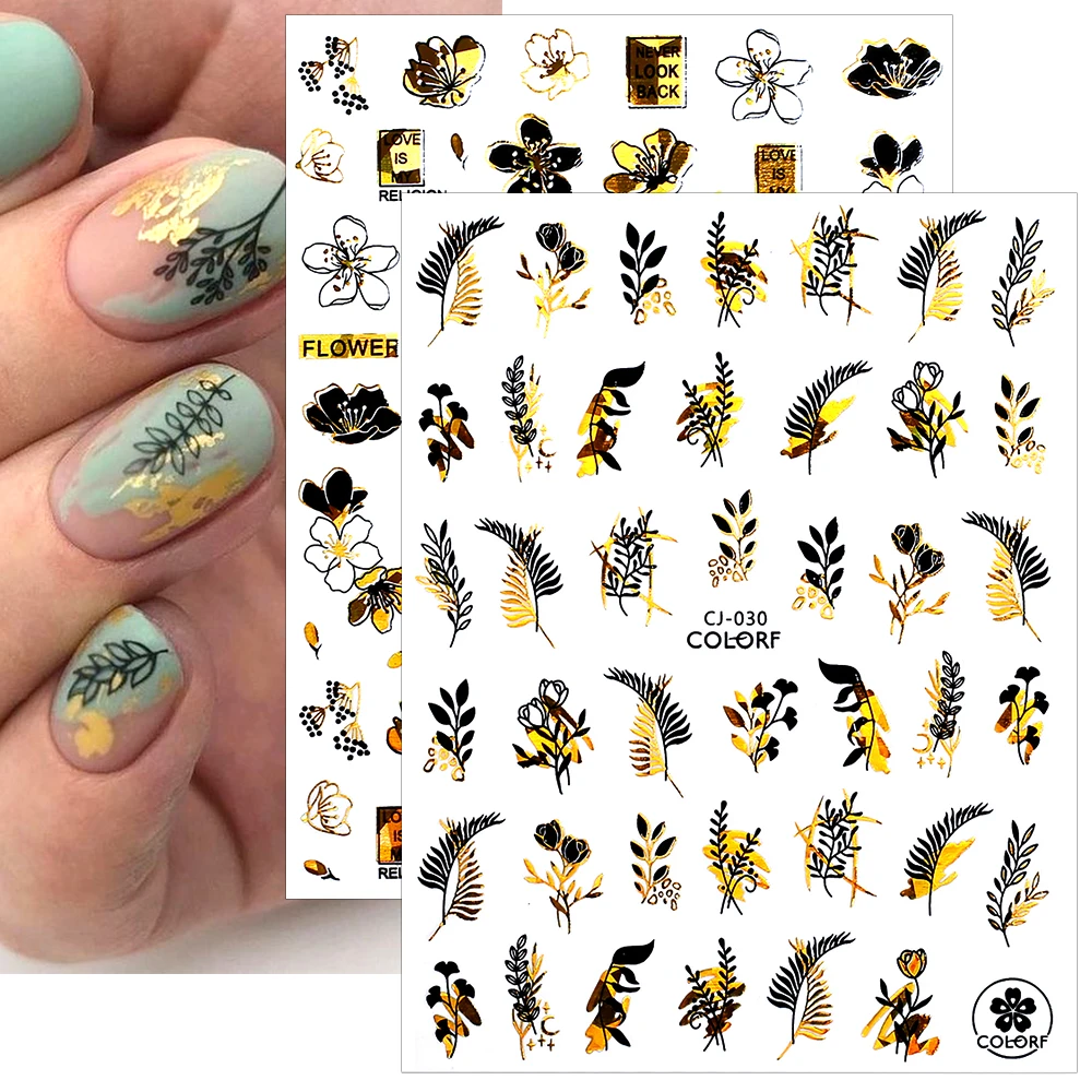 

3D Holographic Black Gold Leaves Flower Nail Stickers Spring Leaf Nail Decals Summer Floral Nail Accessories Nail Art Decoration