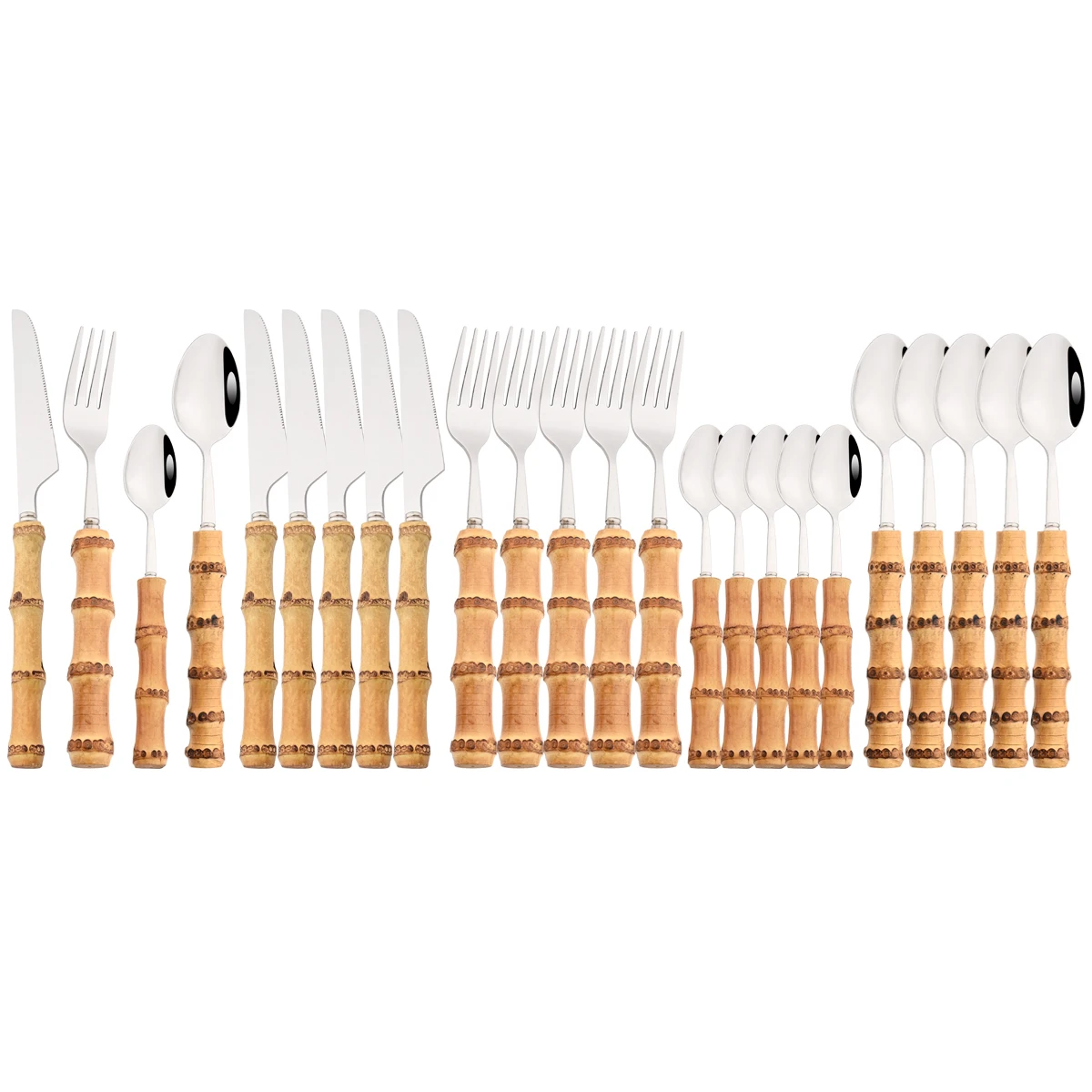 

24Pcs Stainless Steel Silver Cutlery Set Wood Bamboo Root Handle Dinnerware Spoon Fork Knife Tableware Kitchen Party Silverware