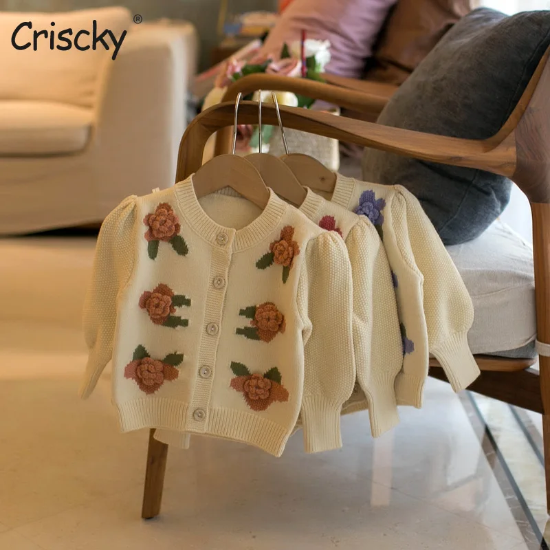 

Criscky 2022 Autumn Baby Girls Coat Baby Sweater Floral Knit Cardigans Newborn Knitwear Long-sleeve Cotton Baby Jacket Tops