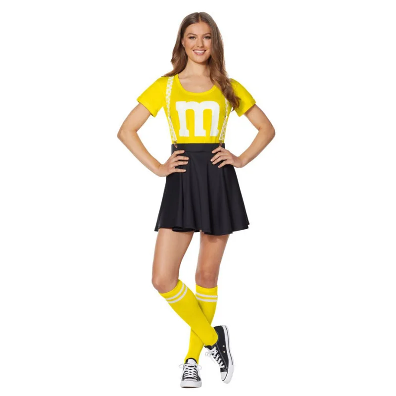 Фото Женский костюм M&M для взрослых, командные костюмы на Хэллоуин, женская футболка, черная юбка, комплект чулок для забавной вечеринки №5