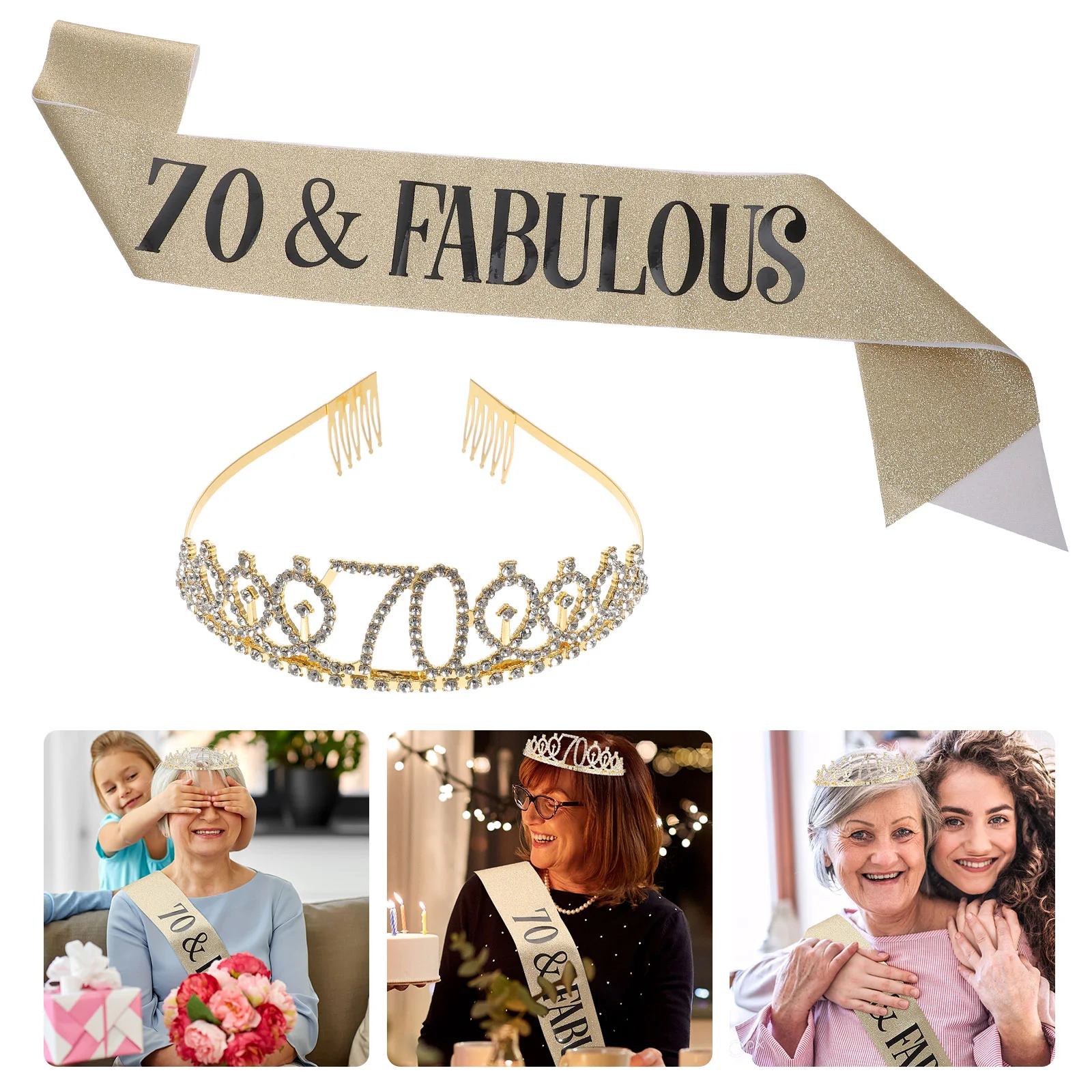 

70-Year-Old Shoulder Strap Crown 70th Birthday Sash Princess Gifts Glitter Party Decorations Rhinestone Tiara Happy Ladies