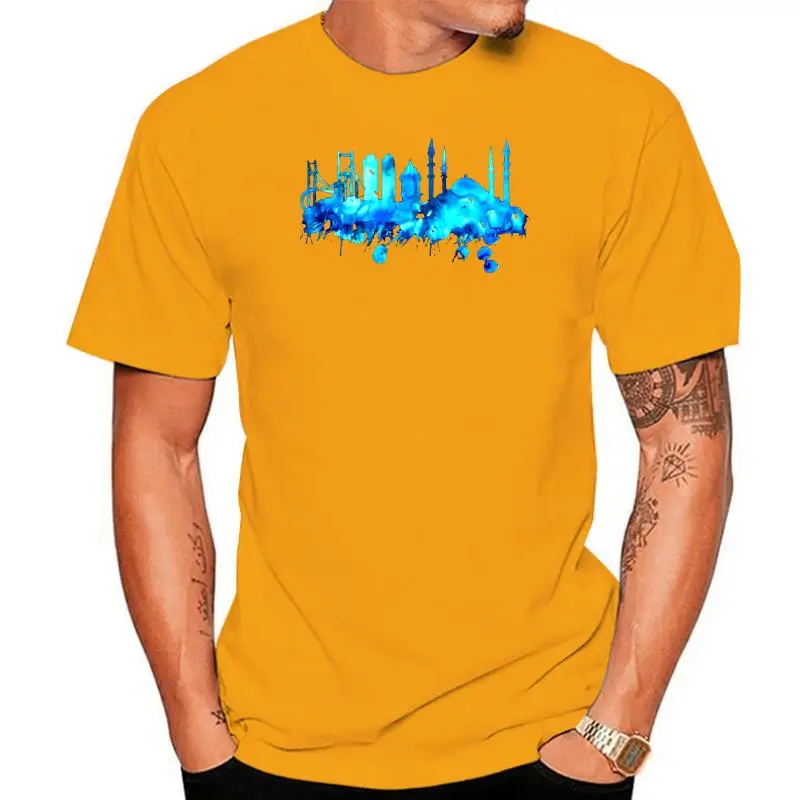 

Printed Istanbul Skyline Turkey Blue Mosque Hand Painted Tshirt Men 100% Cotton Adult T Shirts 2020 Female