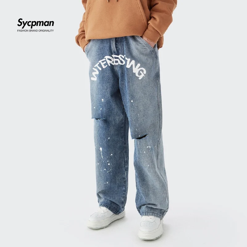 Рваные джинсы Новые прямые брюки с принтом брызг Свободные повседневные рваные