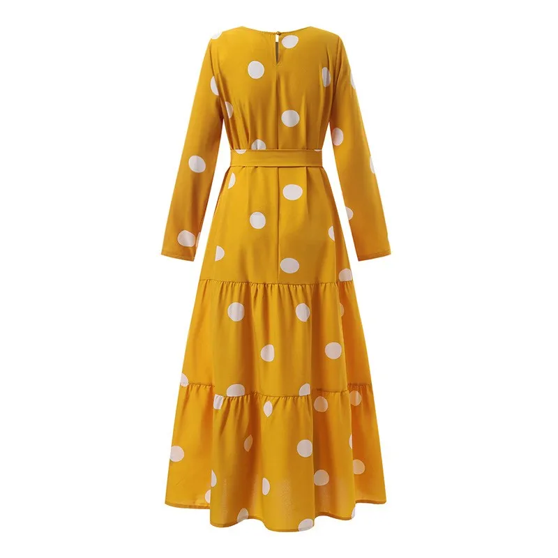 2023 Women's Muslim Casual Robe Fashion Vintage Polka Dot Print Lace Up Slim Long Sleeved Temperament Commuter Zipper Dress XL