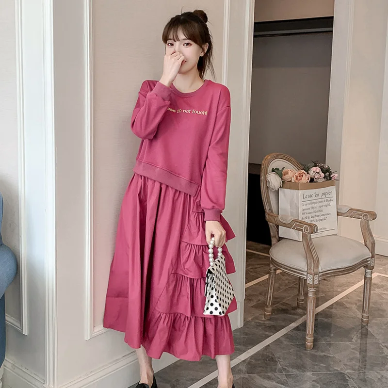 Весеннее женское свободное повседневное платье с круглым вырезом и длинными