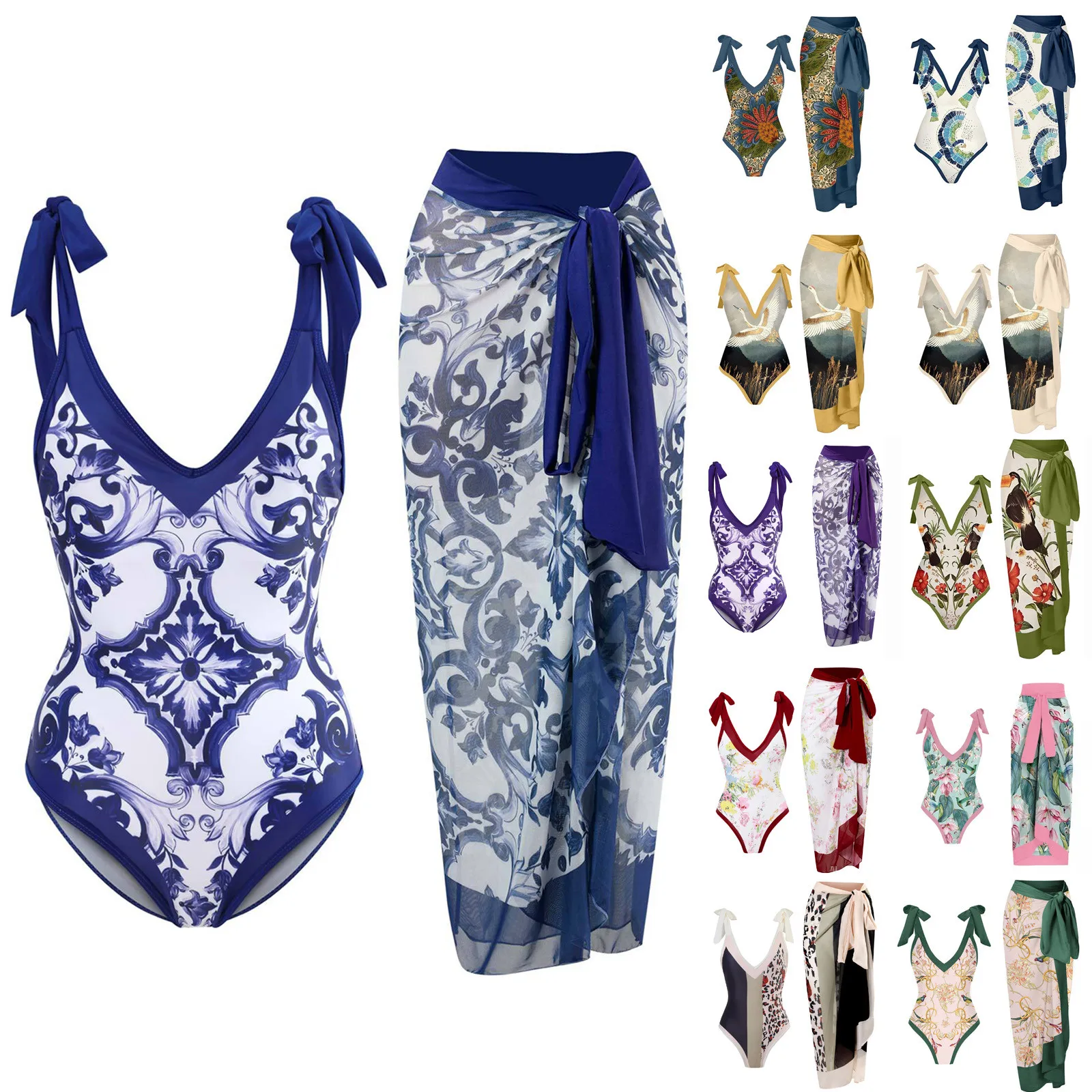 

Women 1 Piece Swimwear+1 Piece Cover UP Two Piece Vintage Print Swimsuit Monokini Bikini 2 Piece Swimsuits Two Shorts And Man