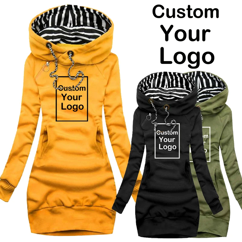 Custom Your Logo Autumn Winter Fashion Sweatshirt Dresses for Women Pocket Hooded Casual Dress Long Sleeve Mini Dress Kleid