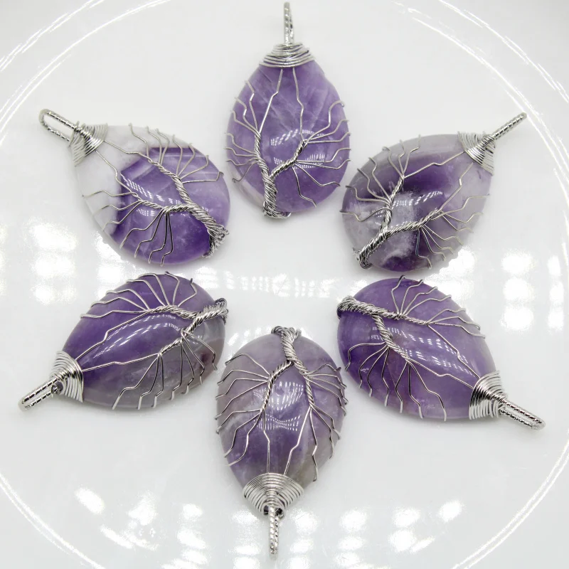 

Natural Stone Amethyst Tree of Life Wire Wrapped Water droplets Pendant DIY Aecklace Jewelry Accessories wholesale 6pcs