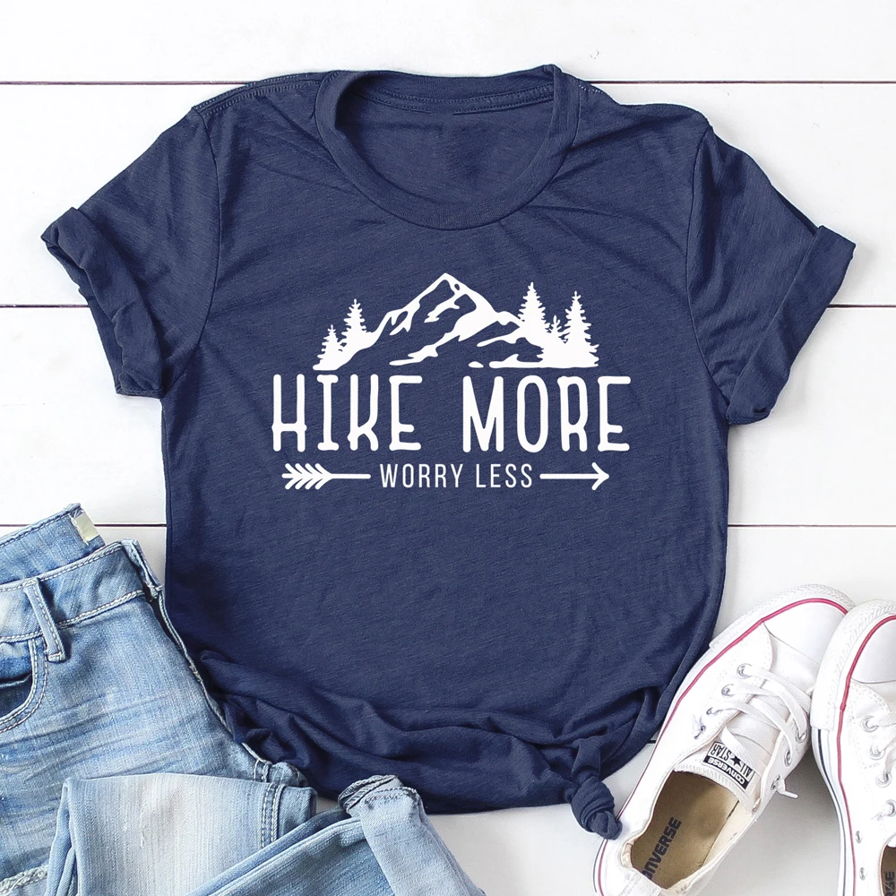 

Hike More Worry Less T-shirt Casual Unisex Short Sleeve Graphic Hiking Outdoors Tees Tops Funny Women Summer Camping Tshirt