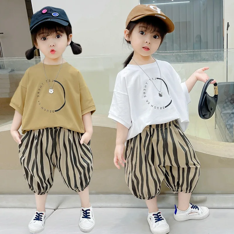 

Baby Boy Girl Summer Cotton Clothes Set Letter Print T-Shirts and Stripe Haren Pants Tracksuits Kids Fashion Loungewear
