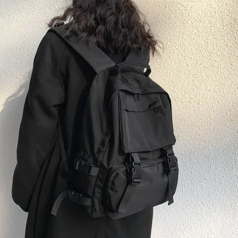 

Chic Simple Retro High Students Capacity Solid Harajuku Travel Unisex Fashion Preppy Street Backpacks Button Large Backpack Bag