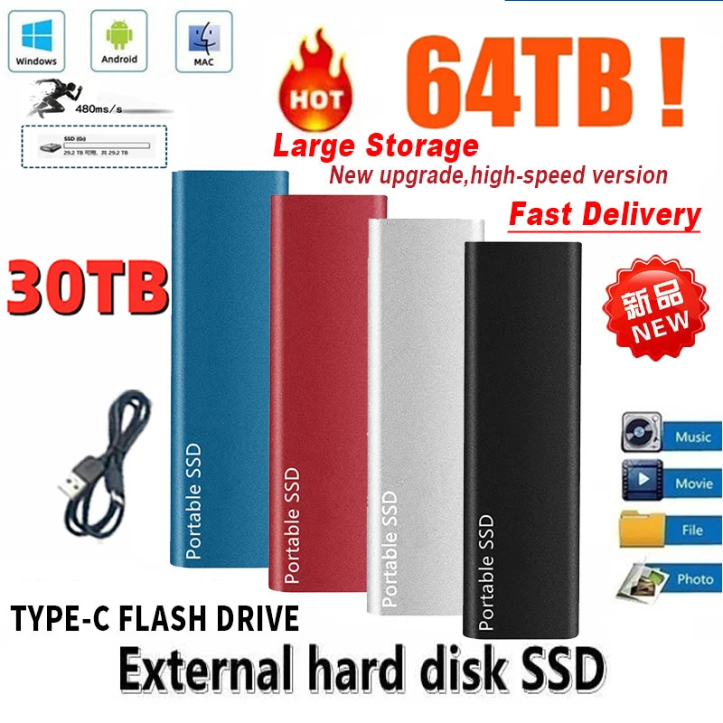 

500GB 1TB HD External Hard Drive 1TB High-speed Portable SSD 2TB Mobile Device Type-C Interface 8TB Solid State Disk for Laptop