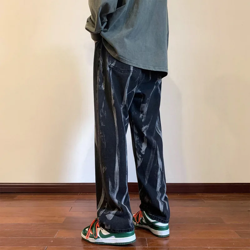 Blue Black Baggy Jeans Men Fashion Tie-dyed Jeans Mens Japanese Streetwear Hip-hop Loose Straight Denim Trousers Men M-5XL