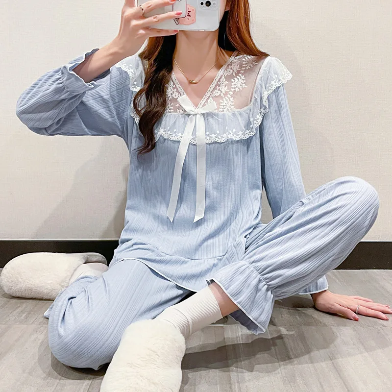 

Women Elegant Spring Autumn New Lace Casual Two Piece Suit Long Sleeve Comfortable Loungewear Loose Nightclothes Pajamas Set