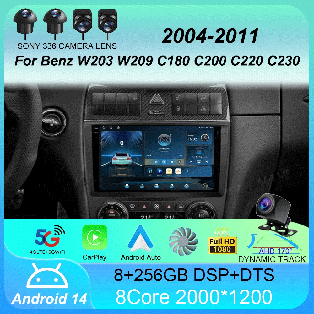 Автомобильный радиоприемник Android 14 Carplay для Benz W203 W209 C180 C200 C220 C230 2004-2011 Навигация GPS