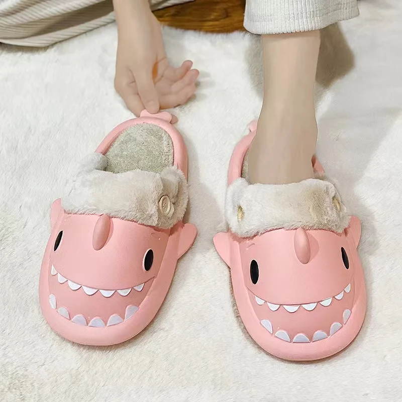 SENDNAKAI New Detachable Shark EVA Cotton Drag Waterproof and Anti slip Couple Home Warmth Plush Cotton Shoes Soft Sole Silent