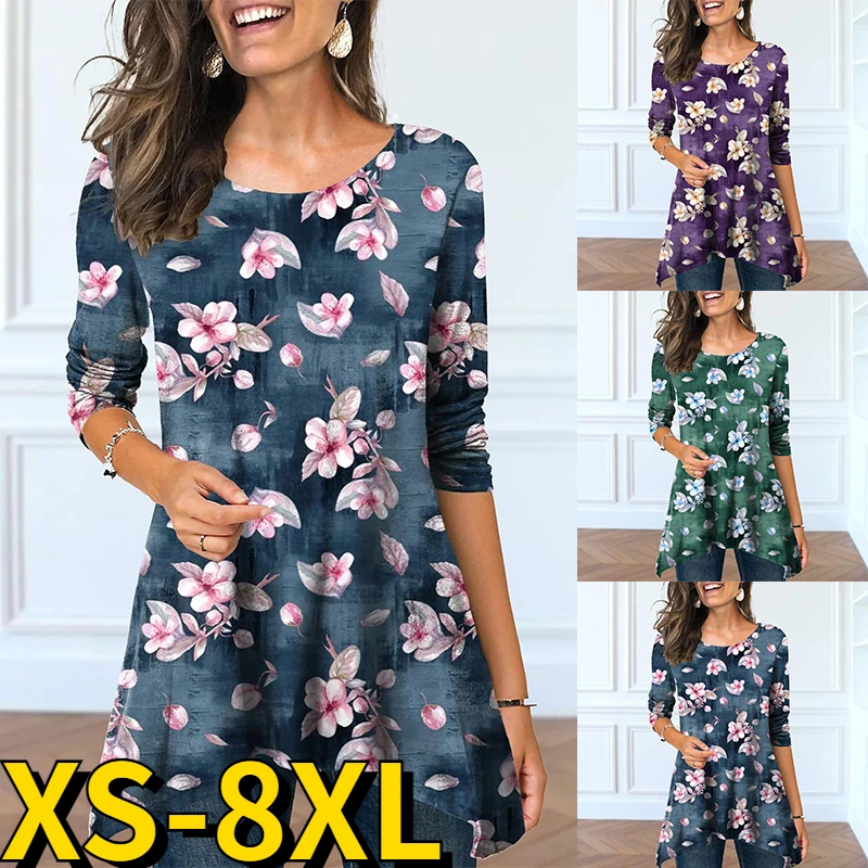 

Футболка женская повседневная с круглым вырезом, модный элегантный пуловер с цветочным принтом, топ свободного покроя с длинным рукавом, на...