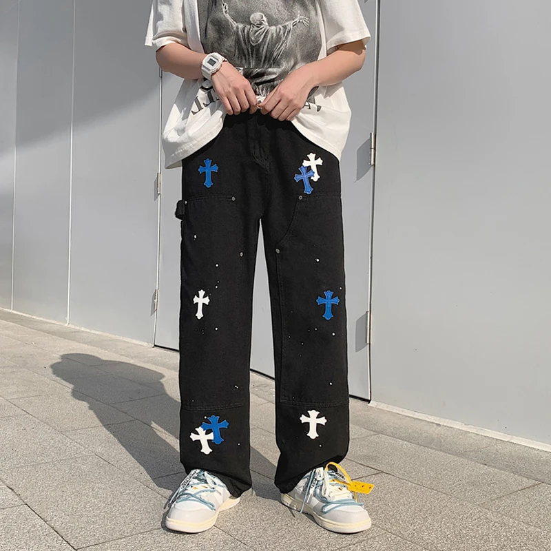 European and American Hip-hop Neutral Wide-leg Denim Trousers Loose Straight Crossover Overalls Men's Jeans Pants Casual Loose