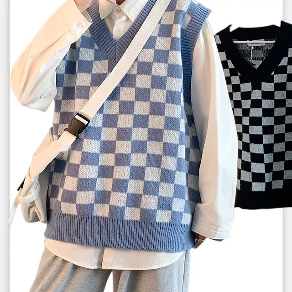

Sweater Vest Men Daily Spring New All-match Students Simple Plaid Fashion Korean Style Knitting V-neck Popular Soft Retro Ins