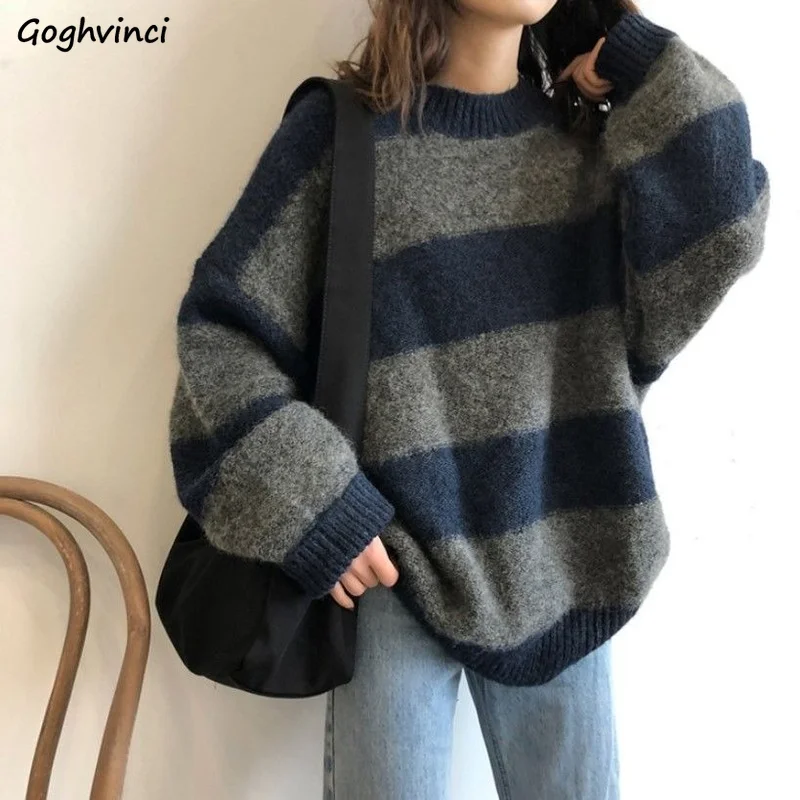 

L-3XL Pullovers Women Lazy O-neck Preppy Striped Panelled Sweater Vintage Korean Version Y2k Long Sleeve Popular Warm Knitwear