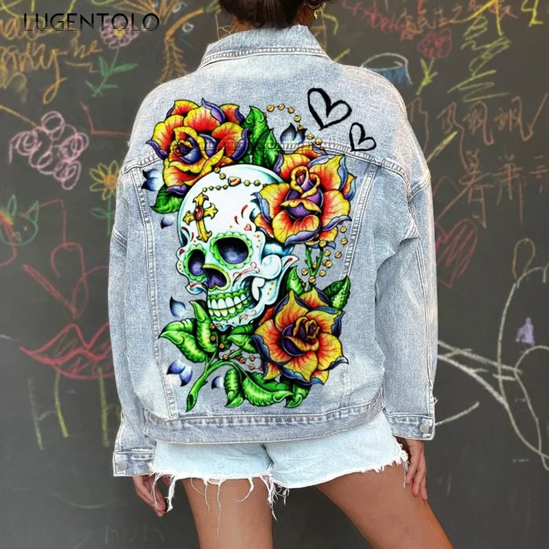 

Lugentolo Skull Jean Jacket Women Streetwear Fashion Long Sleeve Lapel Loose Printed Female Denim Jackets