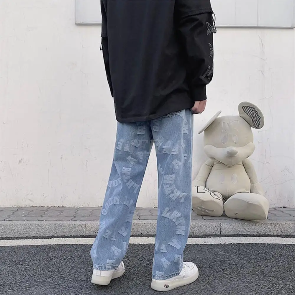 2023 Jacquard Blue Jeans Men's Loose Straight Leg Long Pants Streetwear Baggy Denim Clothing Graphic Streetwear Baggy Dirp Style