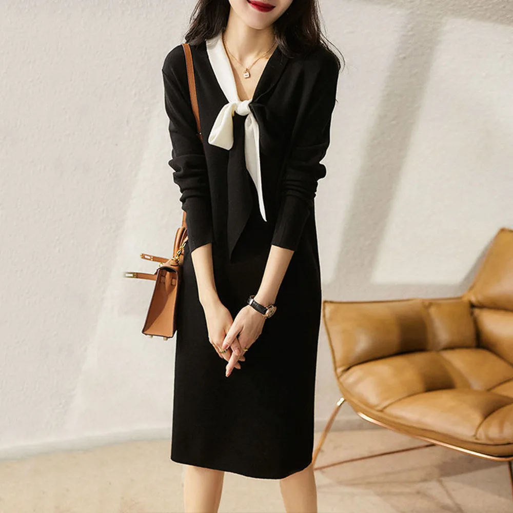 

Женское модное черное платье, весеннее Новое однотонное платье средней длины с высокой талией, элегантное свободное женское платье в Корей...