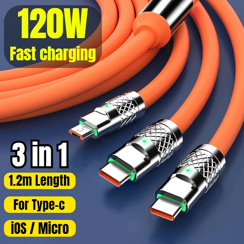 

120W 3 in 1 SuperCharging Cable Micro USB Type-C Fast Charger Micro USB Type-C Data Cable For iPhone 14 13 Samsung Xiaomi Huawei