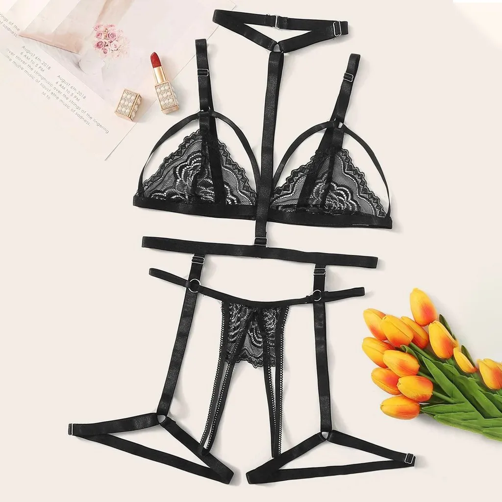 

Plus Underwear Sleepwear Bra+Thong+Garter Lingerie Size Women Lace Set Black Womens Sexy Christmas Lingerie