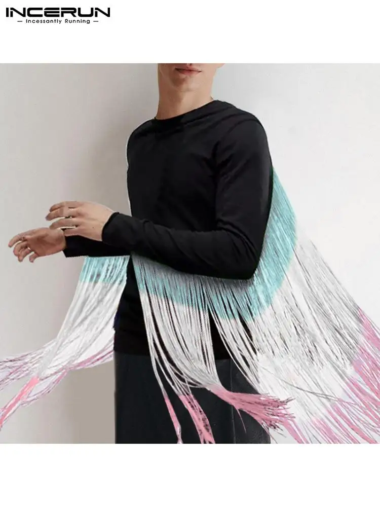 

Men Casual T Shirt O-neck 2023 Long Sleeve Tassel Patchwork Men Clothing Streetwear Personality Fashion Camisetas INCERUN 5XL 7