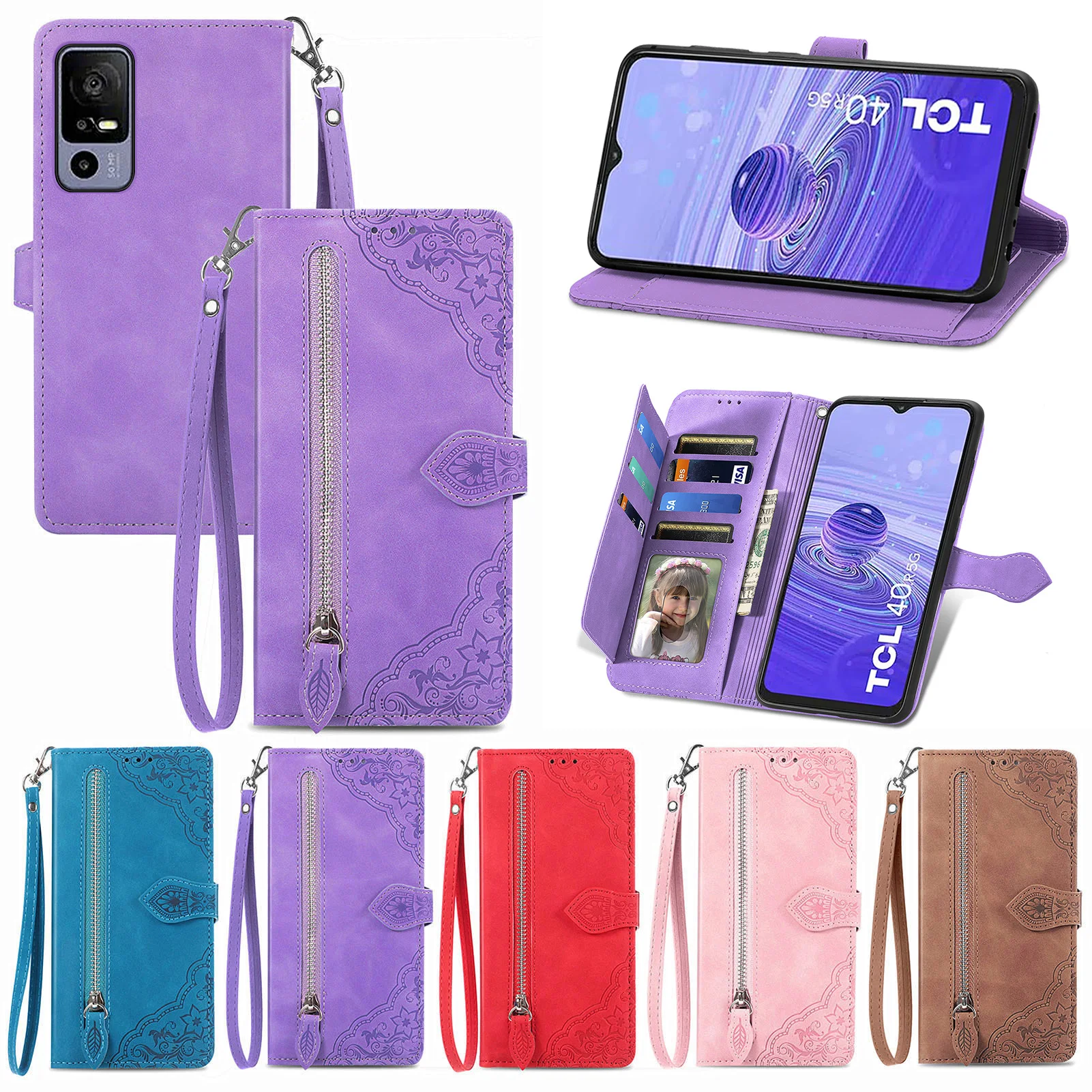 

Protect Funda for TCL 40 XE 40X 403 40R 405 40SE 30XL 30 30Z 30V 30XE Luxury Zipper Leather Wallet Cards Flip Cover with Lanyard