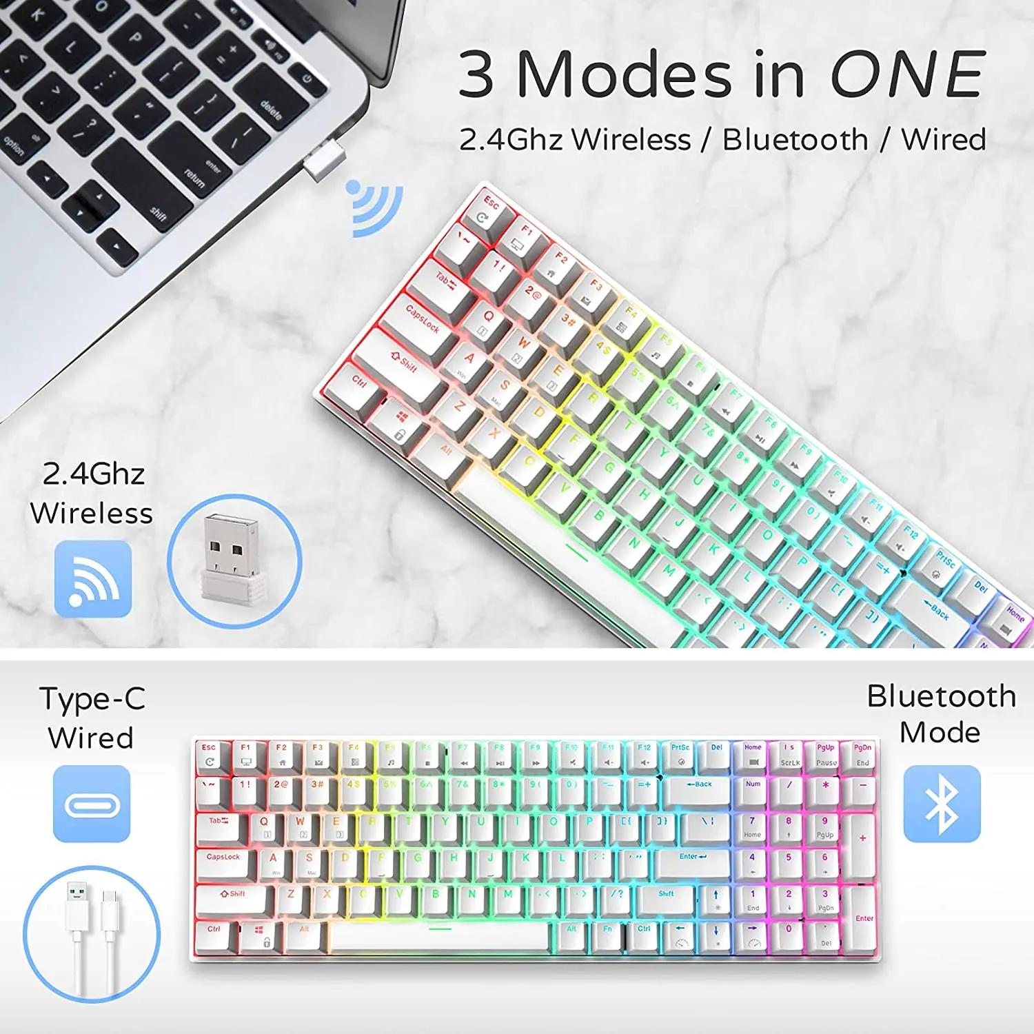 

RK100 Mechanical Keyboard 100Keys RGB Hot Swappable RK Switch Wireless BT5.0+2.4Ghz+Type-C Wired Mechanical Gaming Keyboards