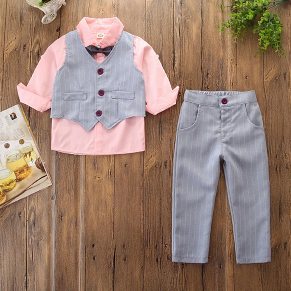 

Top and Top Spring Autumn Baby Boy Gentleman Suit White Shirt with Bow Tie+ Gray Vest+Trousers 3Pcs Formal Children Clothing Set