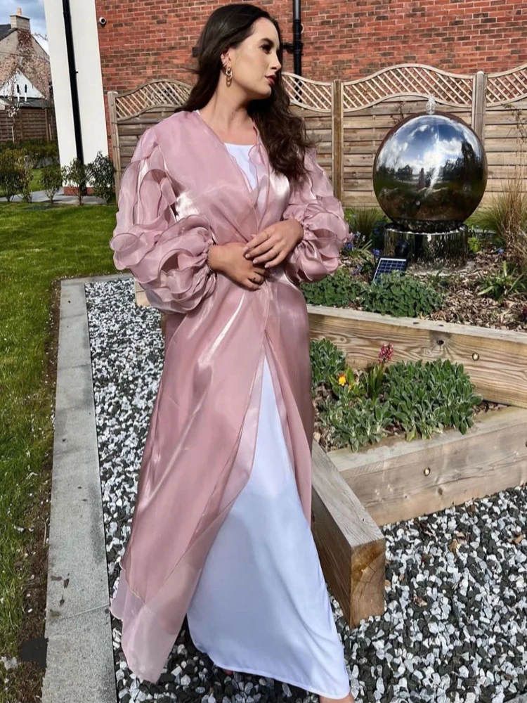 

Summer Muslim Woman Kimono Petal Sleeves Open Abaya Shiny Hijab Robe Dubai Saudi Turkish Party Evening Ramadan Eid Modest Outfit