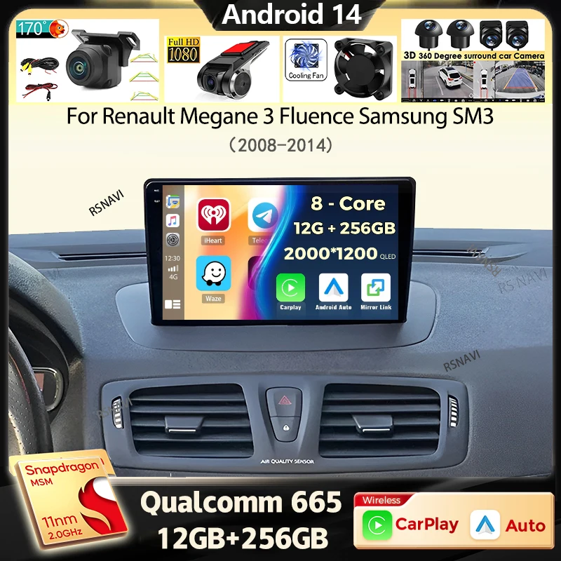 Android 14 Carplay авто радио для Renault Megane 3 Fluence Samsung SM3 2008-2014 GPS мультимедийный видеоплеер