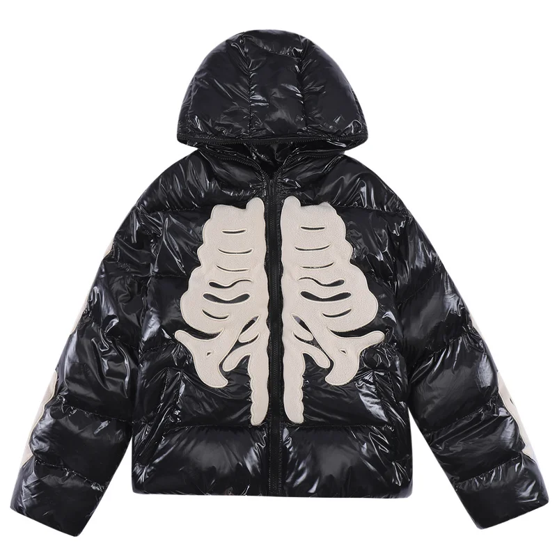 Winter Retro Skeleton Parka Men Bright Jacket Hip Hop Street Harajuku Y2k Thicken Warm Padded Coats Loose Windproof Coat Unisex