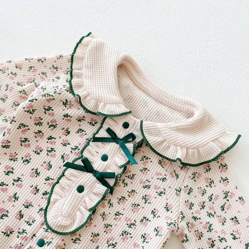 2022 Korean Style Spring Baby Girl Romper Green Floral Peter Pan Collar Striped Bow Cotton Jumpsuit Infant 1pcs Playsuit E4019 - купить по