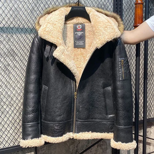 

Warm Hooded Winter Jacket Men 100% Nature Sheepskin Fur Coat Genuine Leather Jacket Men Clothes Cazadoras De Hombre FCY