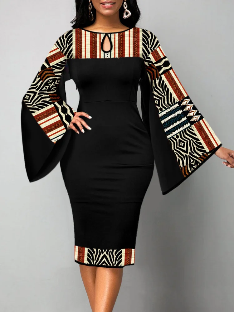 

Fashion Printed Long Sleeve Pencil Skirt Round Neck Women's Midi Dress